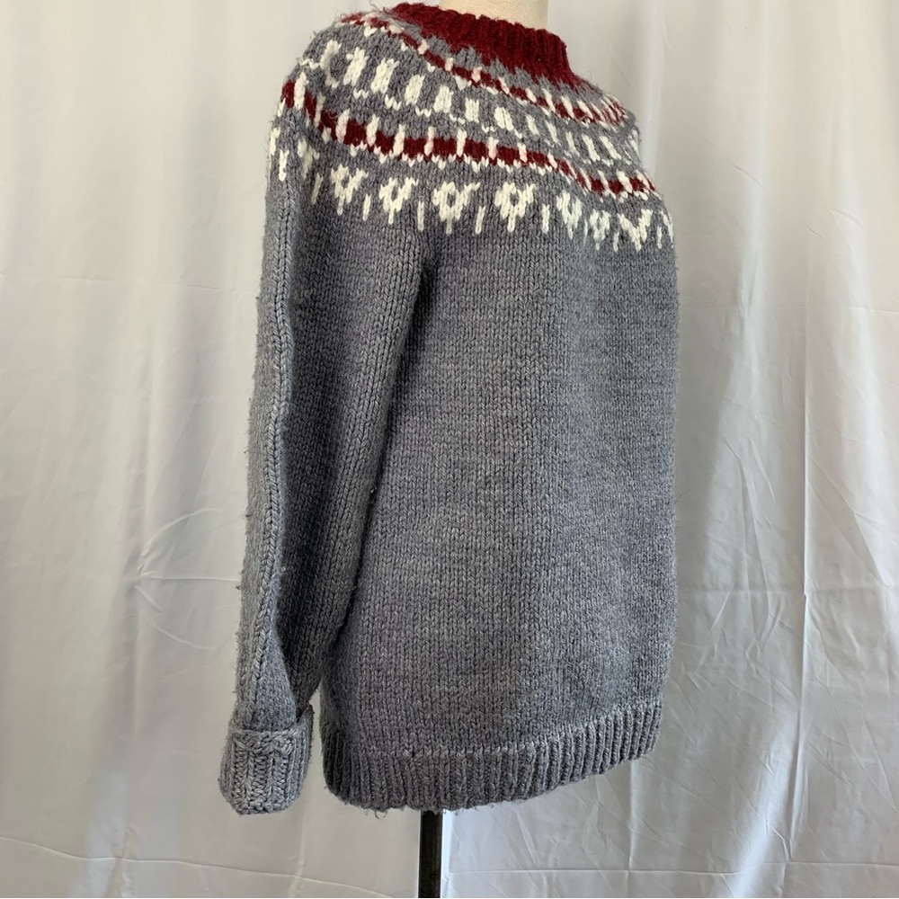 Hand Knit Grey and Red Fair Isle Women's Knit Sweater - Picture 4 of 5